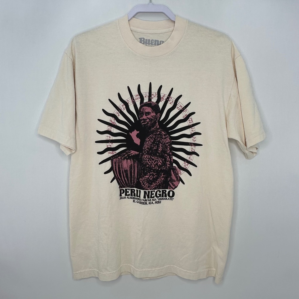 Bueno Peru Negro Julio "Chocolate" Graphic Tee Cream Sz M Afro Peruvian NWOT